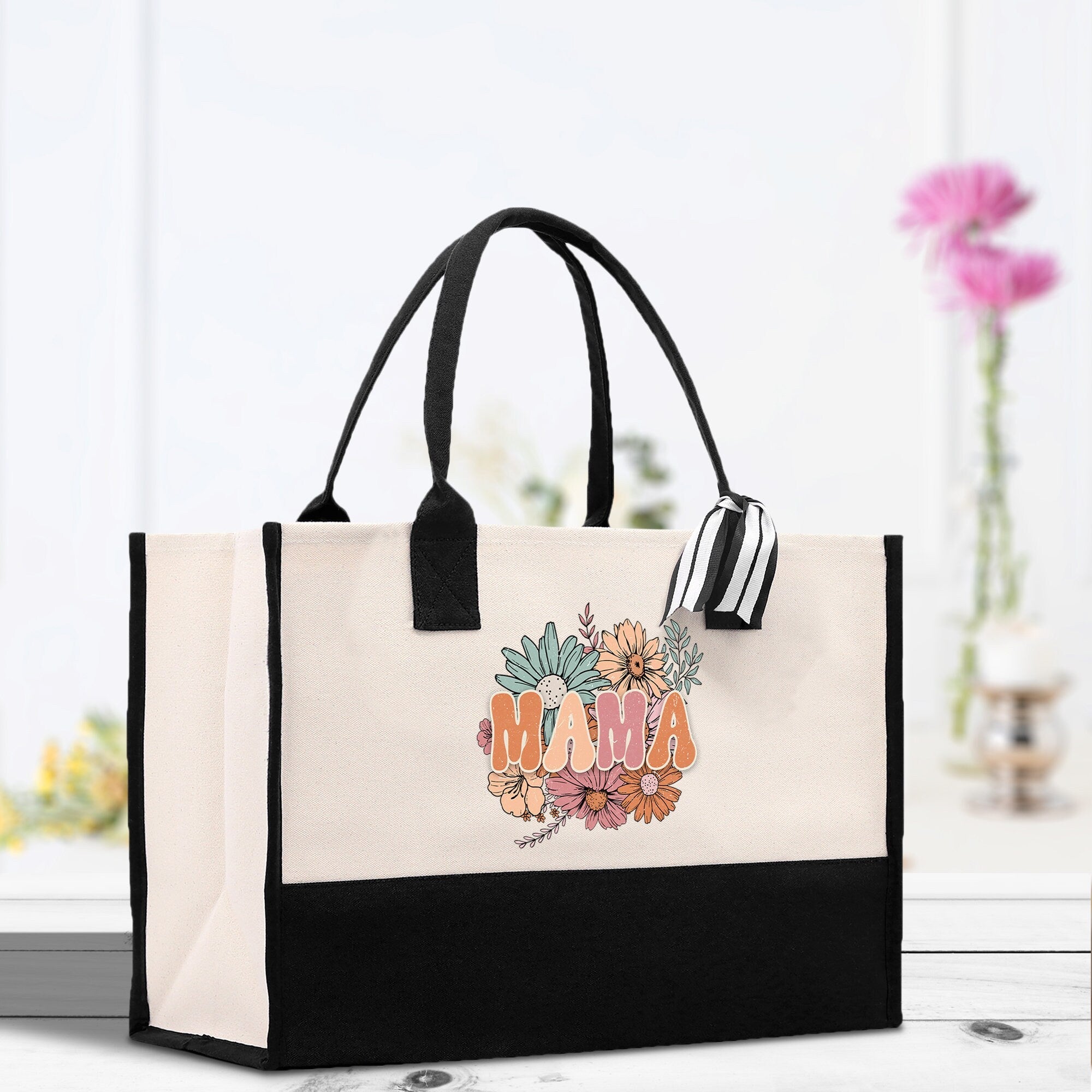 Floral Retro Mama Cotton Canvas Tote Bag Mom Gift Mom Bag Mom Shopping Bag New Mom Gift Best Mom Ever Bag Boy Girl Mama Tote