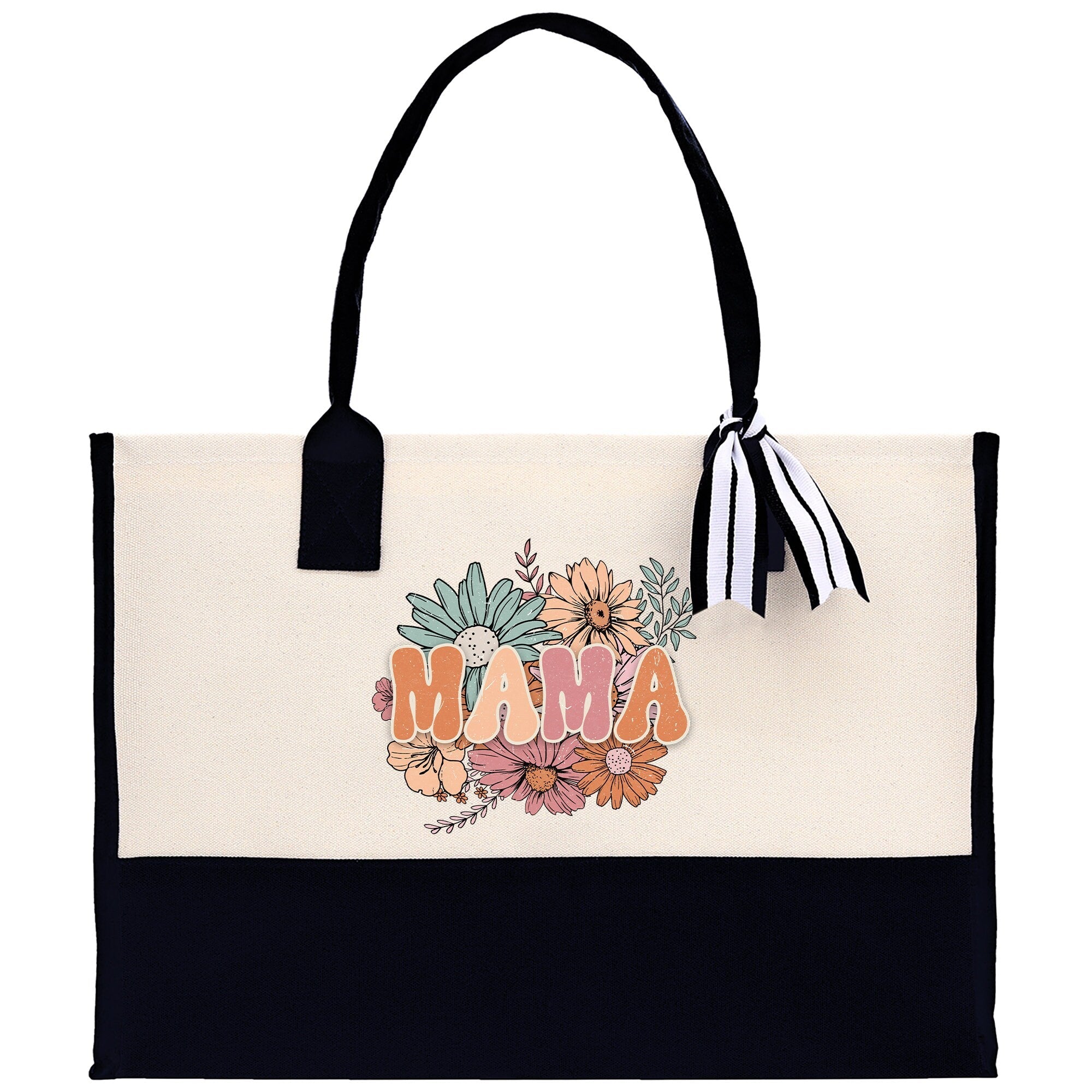 Floral Retro Mama Cotton Canvas Tote Bag Mom Gift Mom Bag Mom Shopping Bag New Mom Gift Best Mom Ever Bag Boy Girl Mama Tote