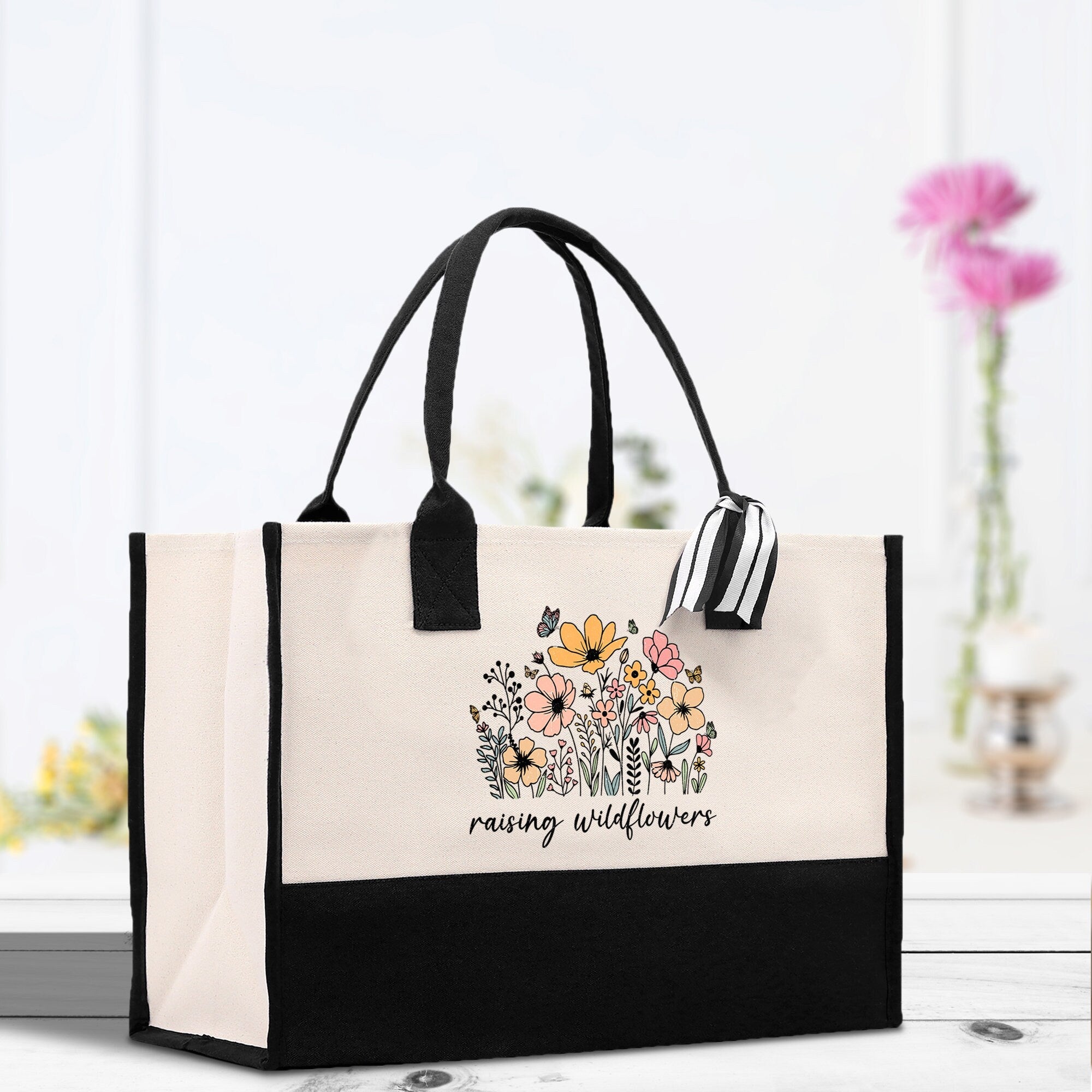 Floral Raising Wildflowers Cotton Canvas Tote Bag Mom Gift Mom Bag Mom Shopping Bag New Mom Gift Best Mom Ever Bag Boy Girl Mama Tote
