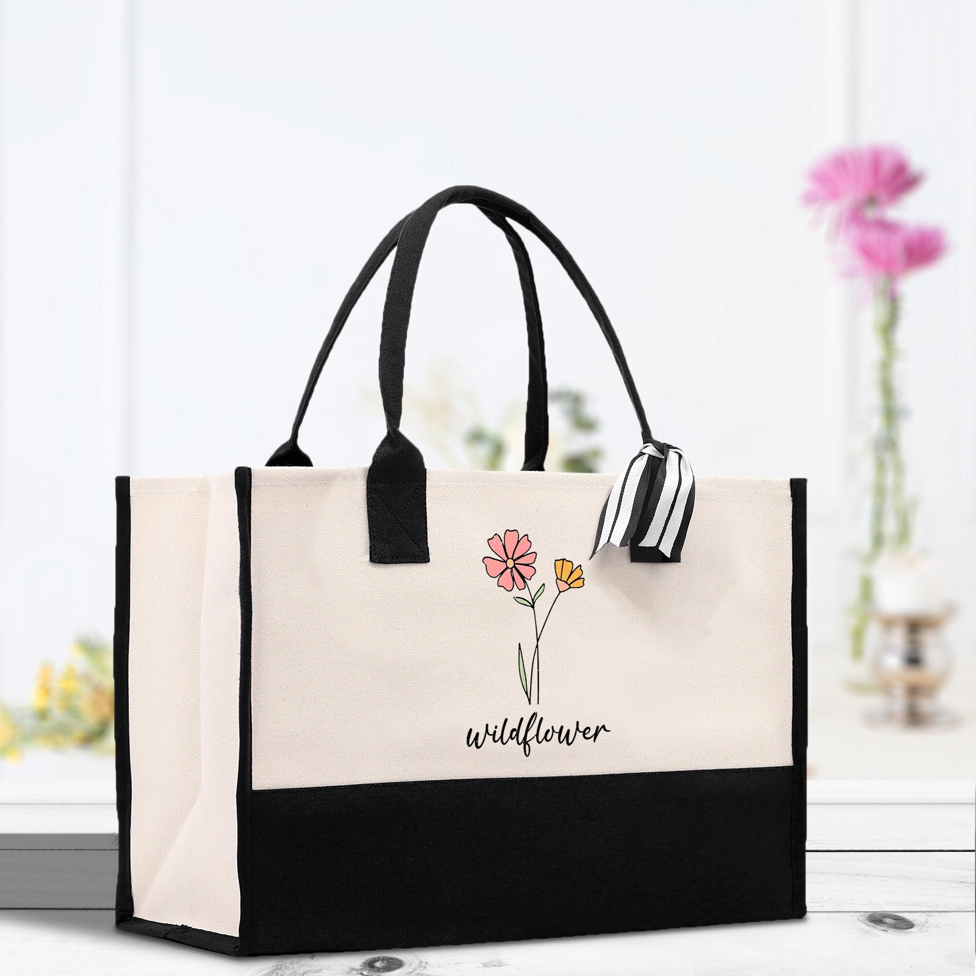 Floral Wildflower Cotton Canvas Tote Bag Mom Gift Mom Bag Mom Shopping Bag New Mom Gift Best Mom Ever Bag Boy Girl Mama Tote