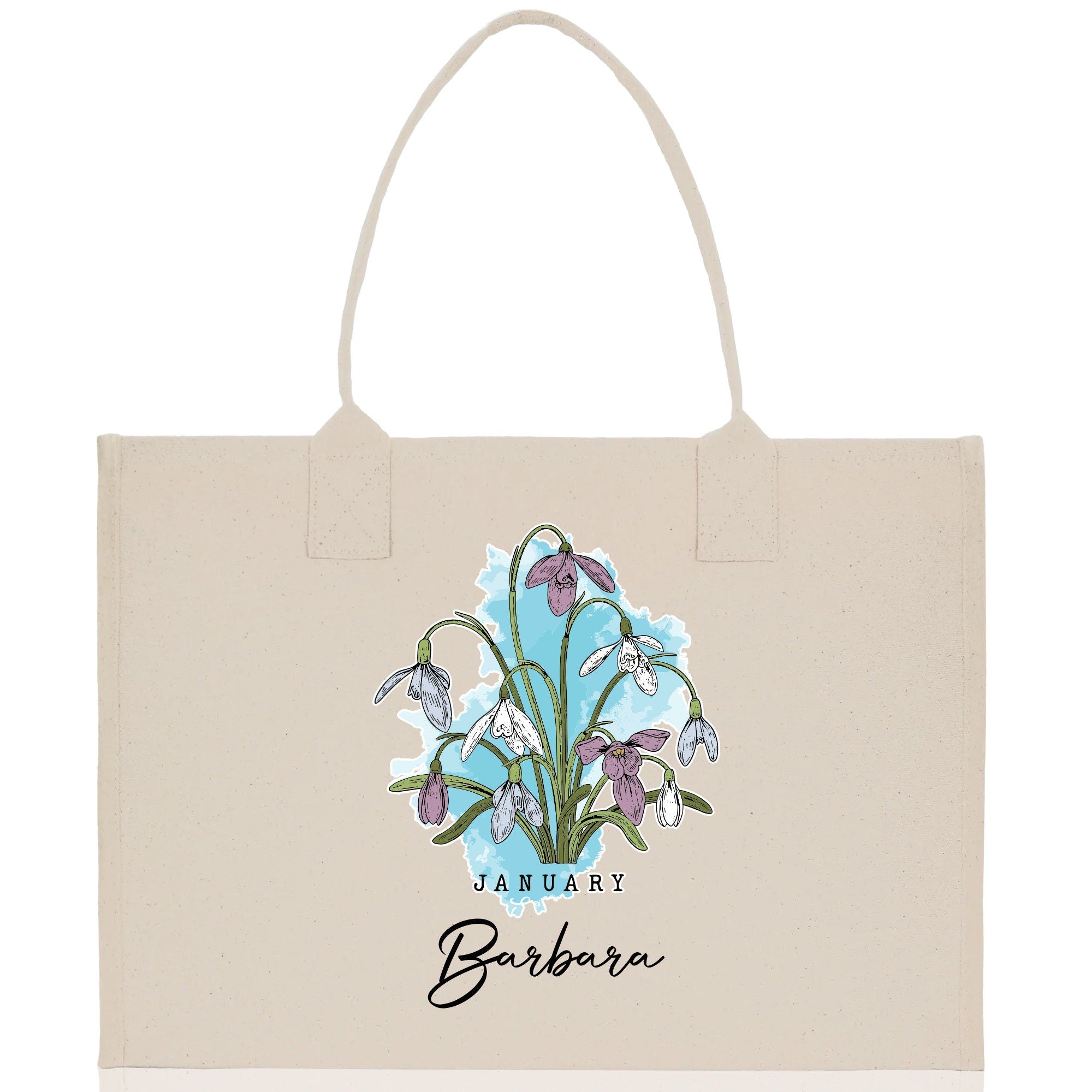 January Birth Month Flower Personalized Name Cotton Canvas Tote Bag Custom Flower Birthday Gift Bag Wedding Gift for Her Bridal Bridesmaid