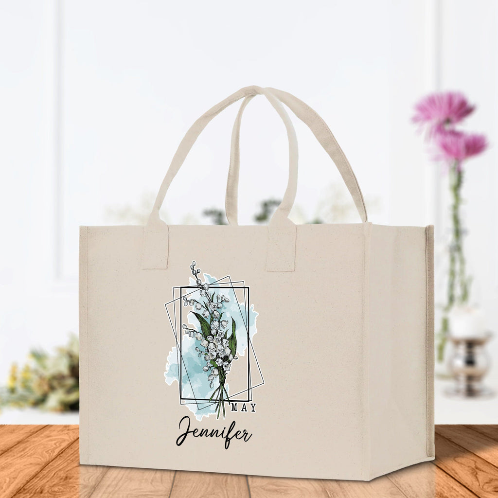 May Birth Month Flower Personalized Name Cotton Canvas Tote Bag Custom Flower Birthday Gift Bag Wedding Gift for Her Bridal Bridesmaid