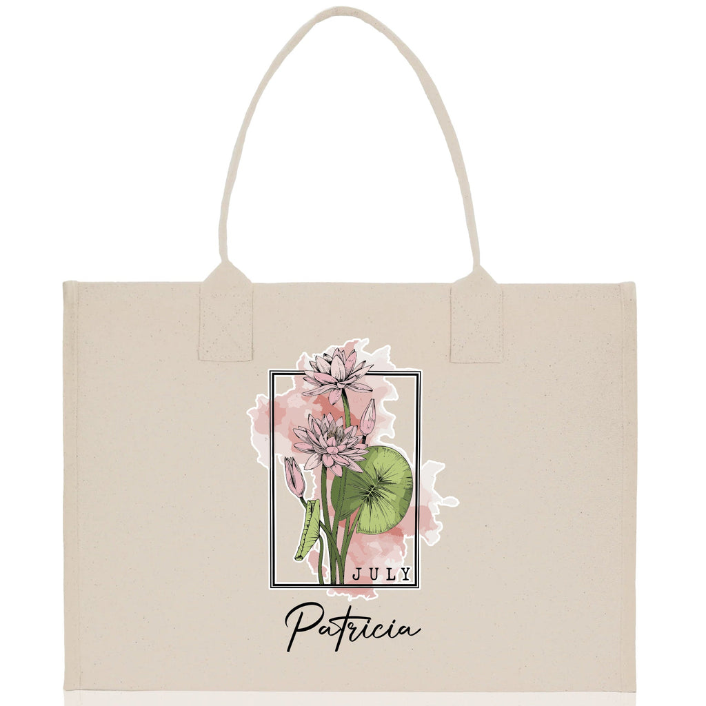 July Birth Month Flower Personalized Name Cotton Canvas Tote Bag Custom Flower Birthday Gift Bag Wedding Gift for Her Bridal Bridesmaid