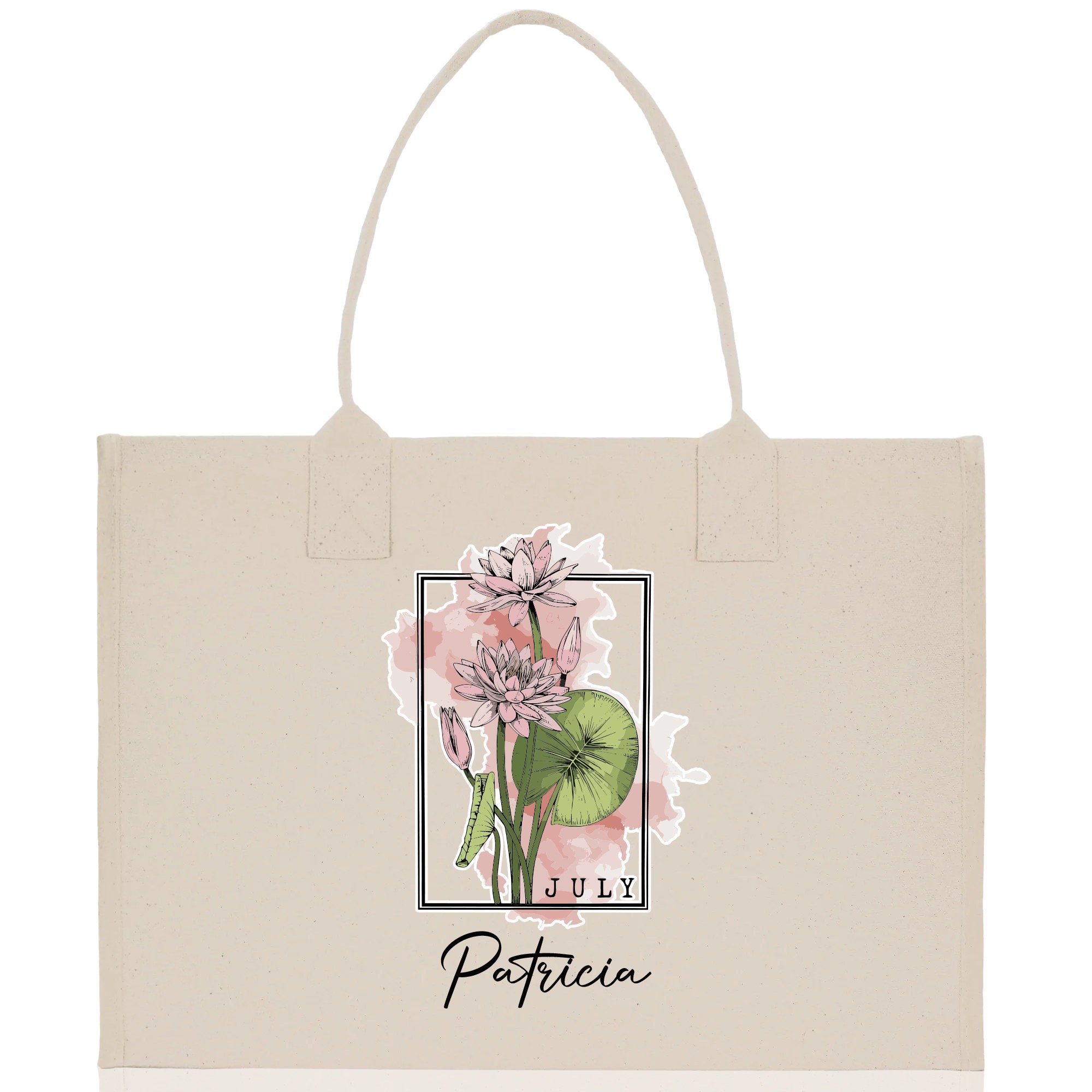 July Birth Month Flower Personalized Name Cotton Canvas Tote Bag Custom Flower Birthday Gift Bag Wedding Gift for Her Bridal Bridesmaid