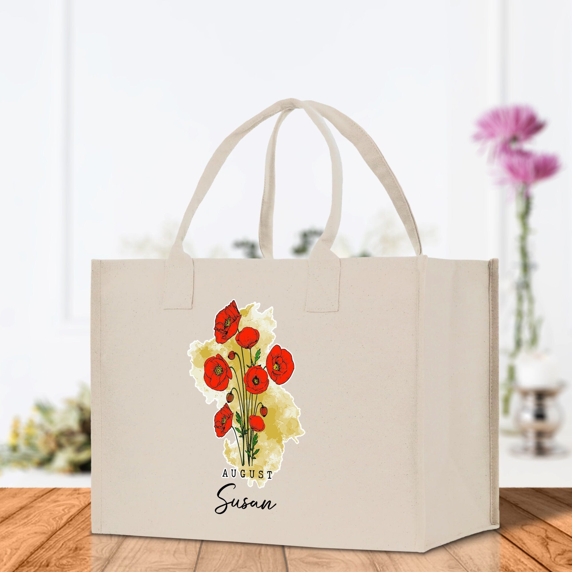 August Birth Month Flower Personalized Name Cotton Canvas Tote Bag Custom Flower Birthday Gift Bag Wedding Gift for Her Bridal Bridesmaid