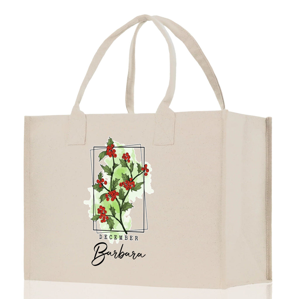 December Birth Month Flower Personalized Name Cotton Canvas Tote Bag Custom Flower Birthday Gift Bag Wedding Gift for Her Bridal Bridesmaid