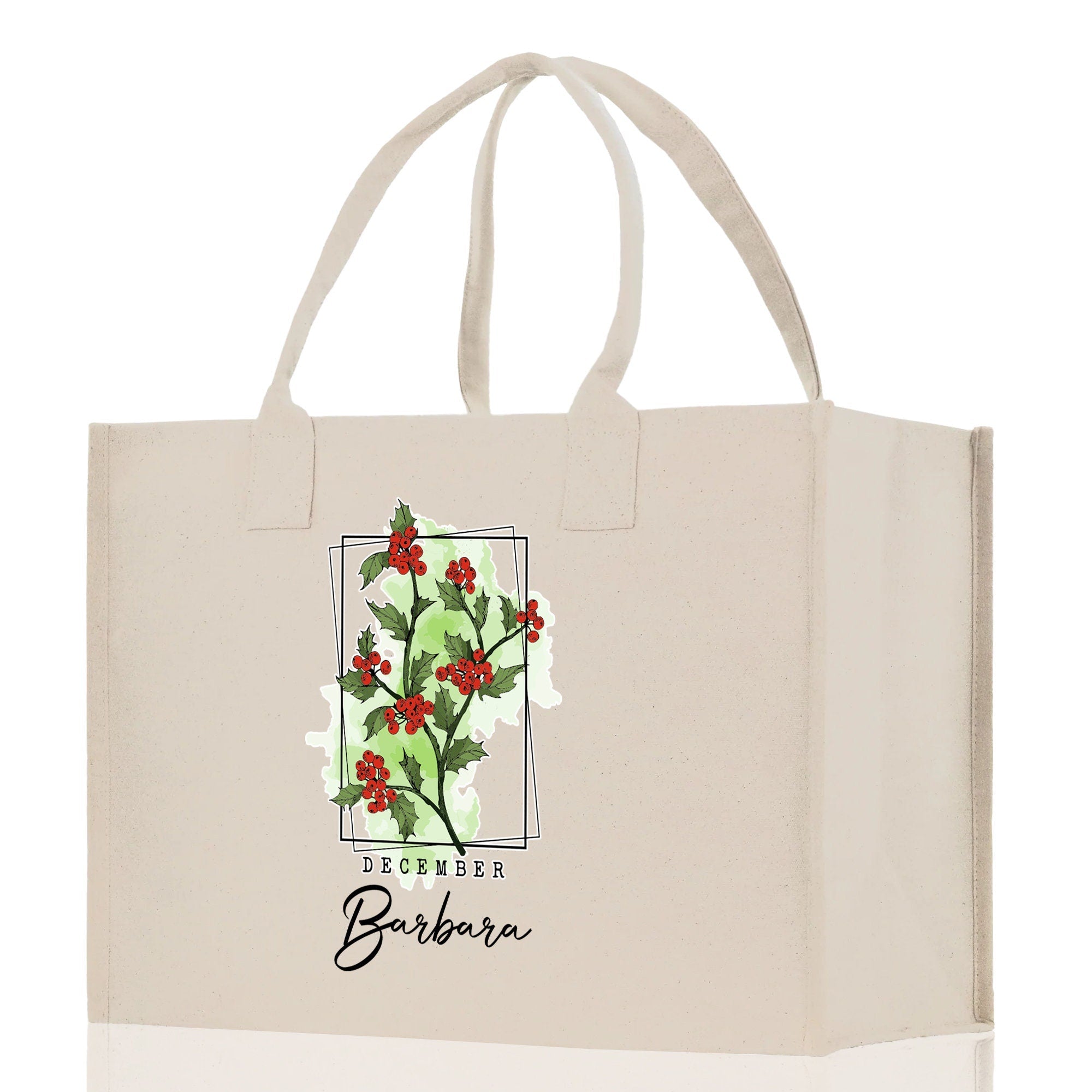 December Birth Month Flower Personalized Name Cotton Canvas Tote Bag Custom Flower Birthday Gift Bag Wedding Gift for Her Bridal Bridesmaid