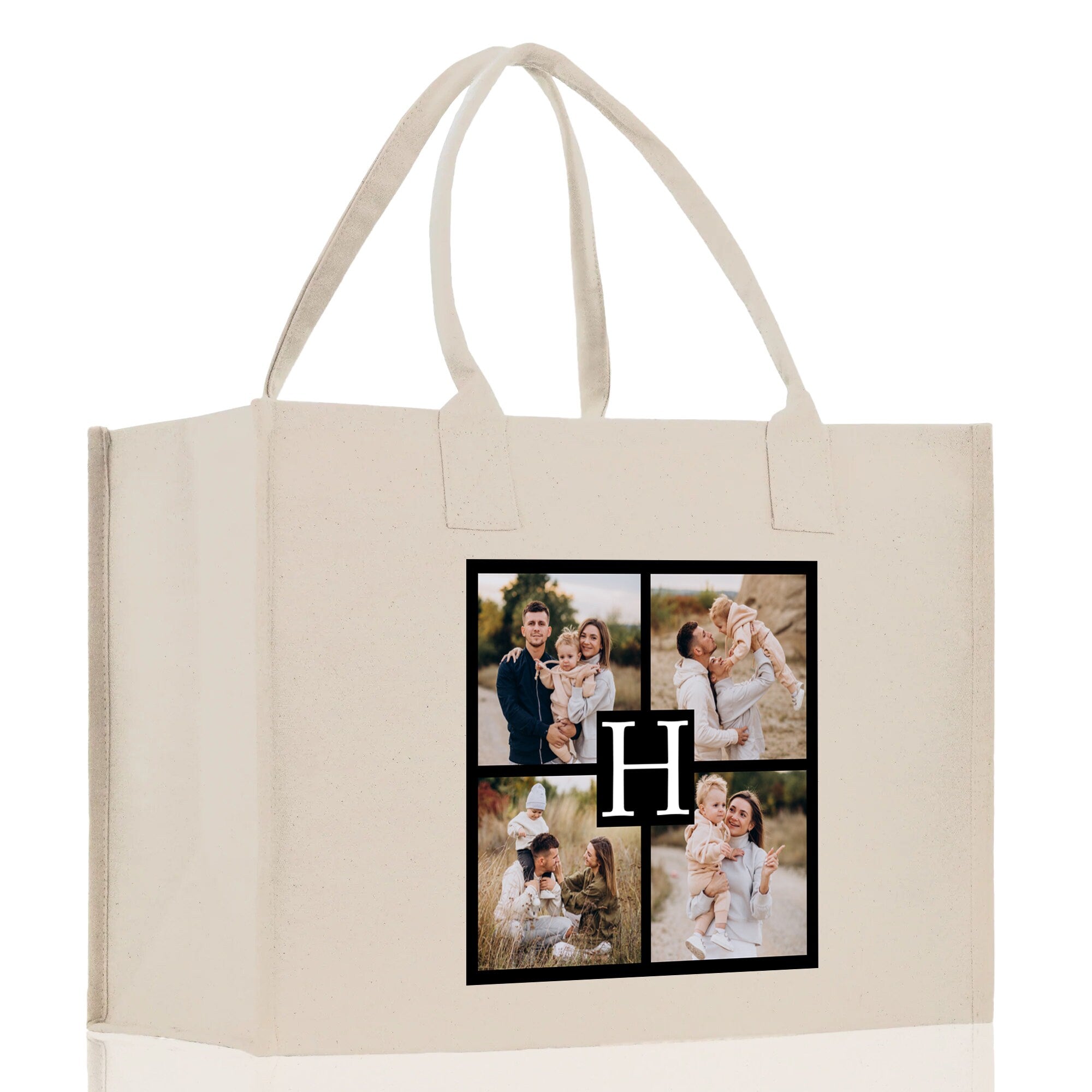 Custom Family Photo Collage and Initial Cotton Canvas Tote Bag Personalized Photo Tote Parent Gift Mothers Day Gift Picture Image Tote
