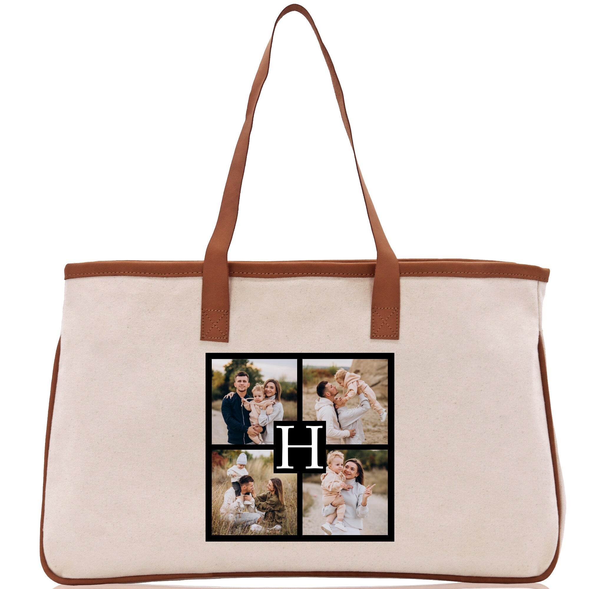 Custom Family Photo Collage and Initial Cotton Canvas Tote Bag Personalized Photo Tote Parent Gift Mothers Day Gift Picture Image Tote