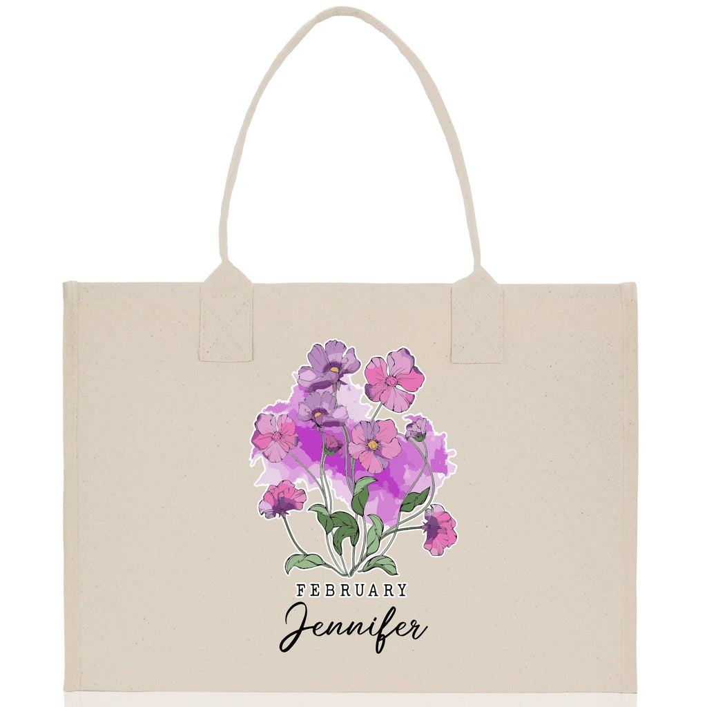 February Birth Month Flower Personalized Name Cotton Canvas Tote Bag Custom Flower Birthday Gift Bag Wedding Gift for Her Bridal Bridesmaid