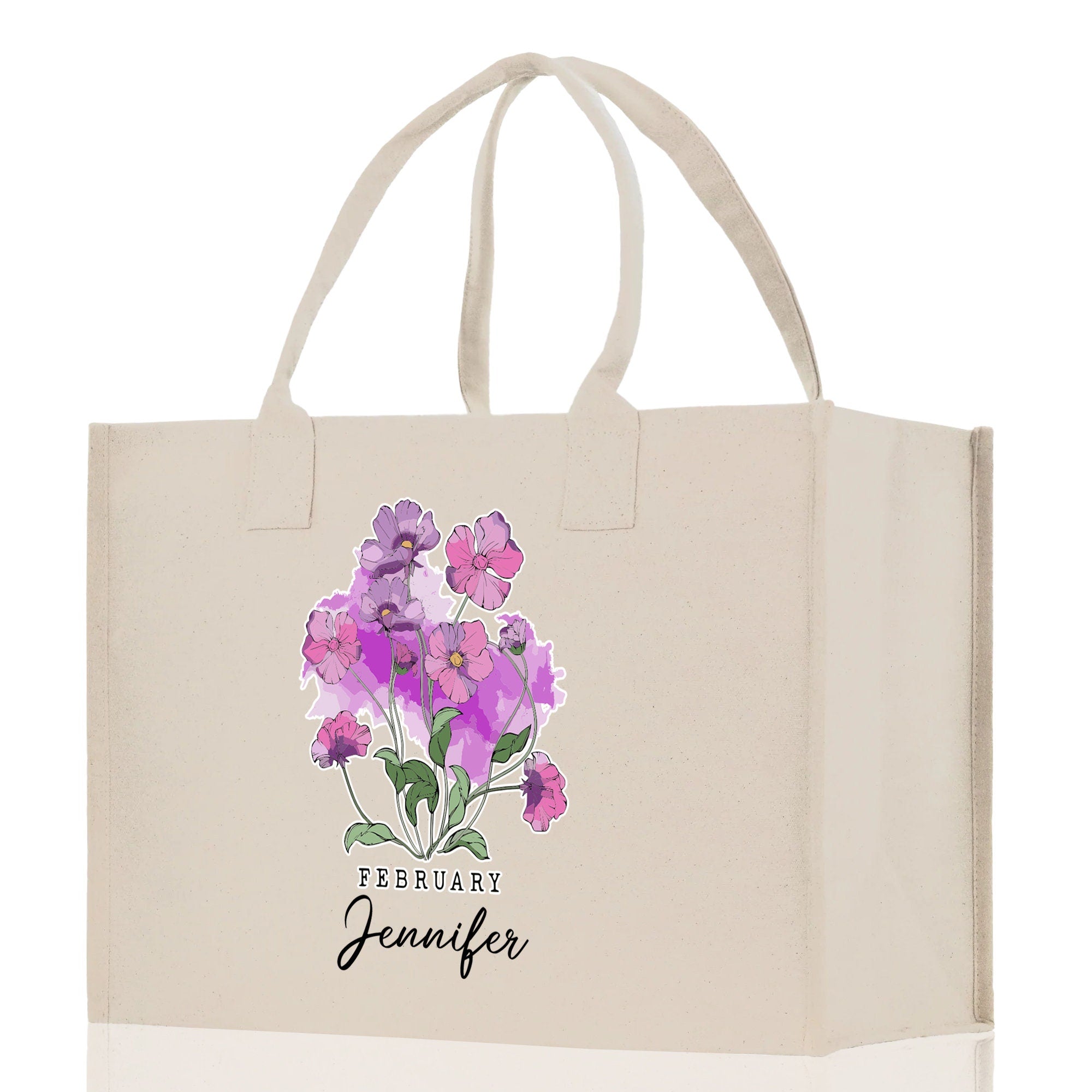 February Birth Month Flower Personalized Name Cotton Canvas Tote Bag Custom Flower Birthday Gift Bag Wedding Gift for Her Bridal Bridesmaid