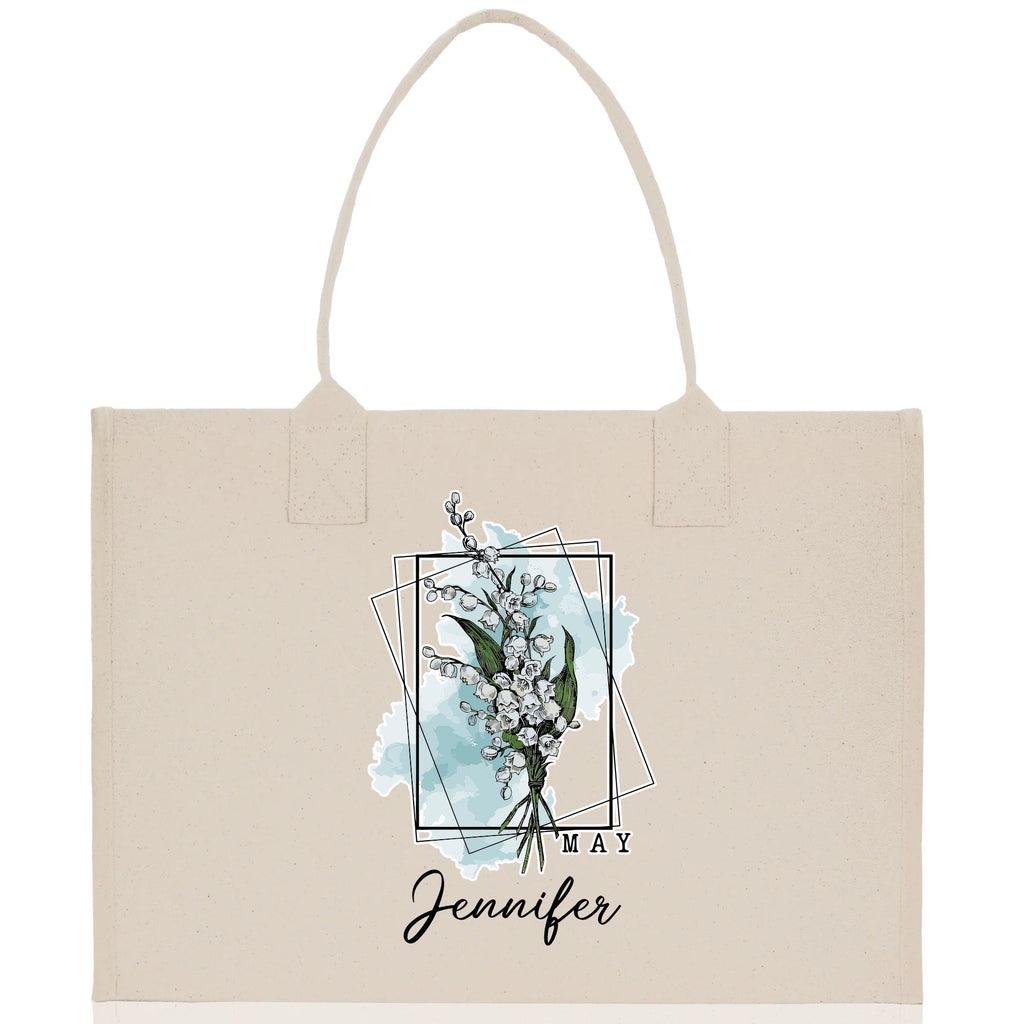 May Birth Month Flower Personalized Name Cotton Canvas Tote Bag Custom Flower Birthday Gift Bag Wedding Gift for Her Bridal Bridesmaid
