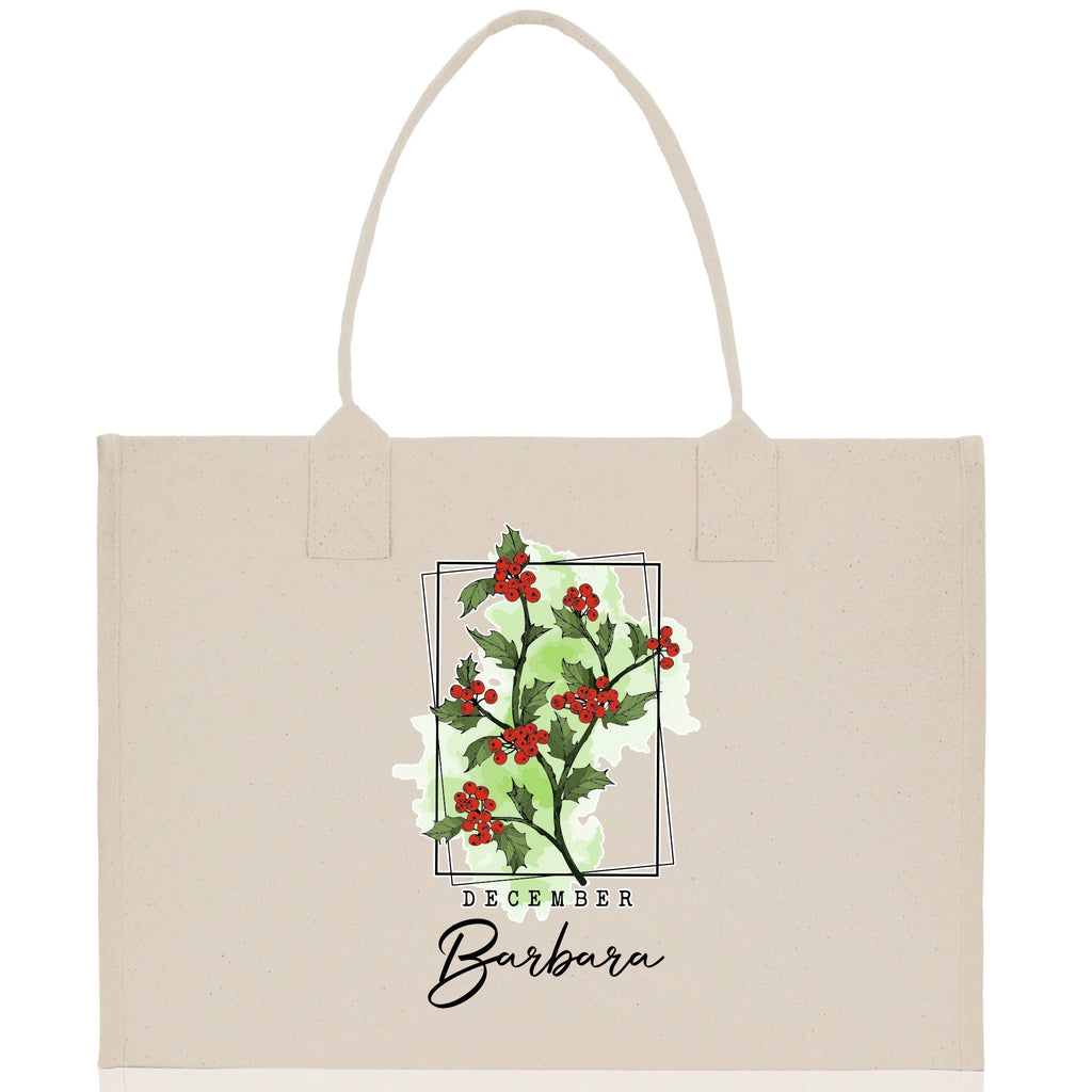 December Birth Month Flower Personalized Name Cotton Canvas Tote Bag Custom Flower Birthday Gift Bag Wedding Gift for Her Bridal Bridesmaid