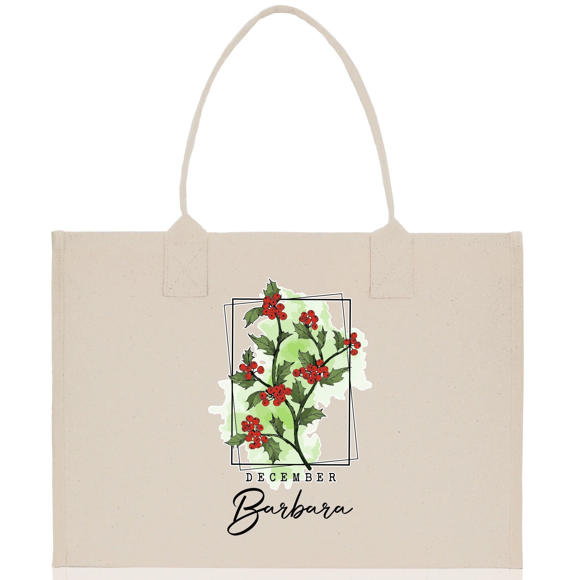 December Birth Month Flower Personalized Name Cotton Canvas Tote Bag Custom Flower Birthday Gift Bag Wedding Gift for Her Bridal Bridesmaid