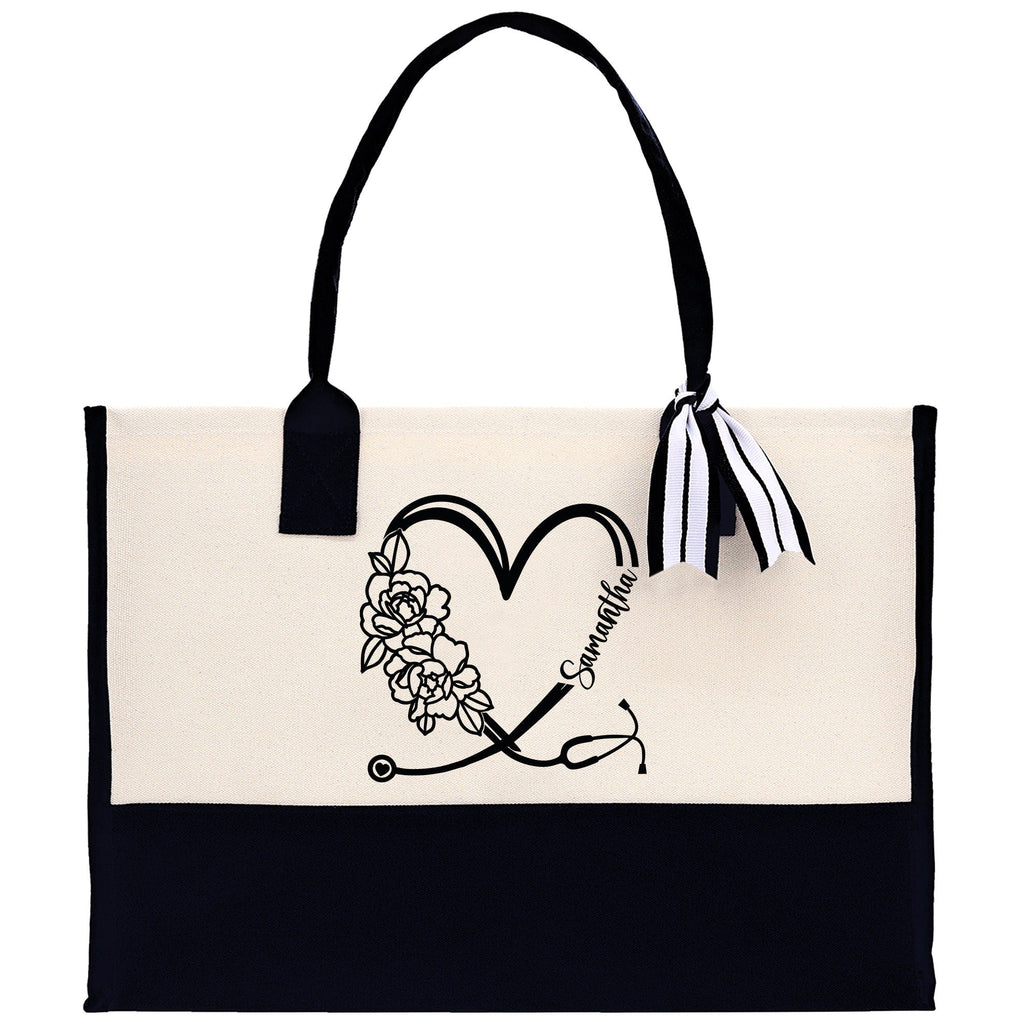 Nurse Stethoscope Floral Heart Tote Custom Name Personalized Cotton Canvas Tote Bag Nurse Gift Future Nursing Student Graduation Gift