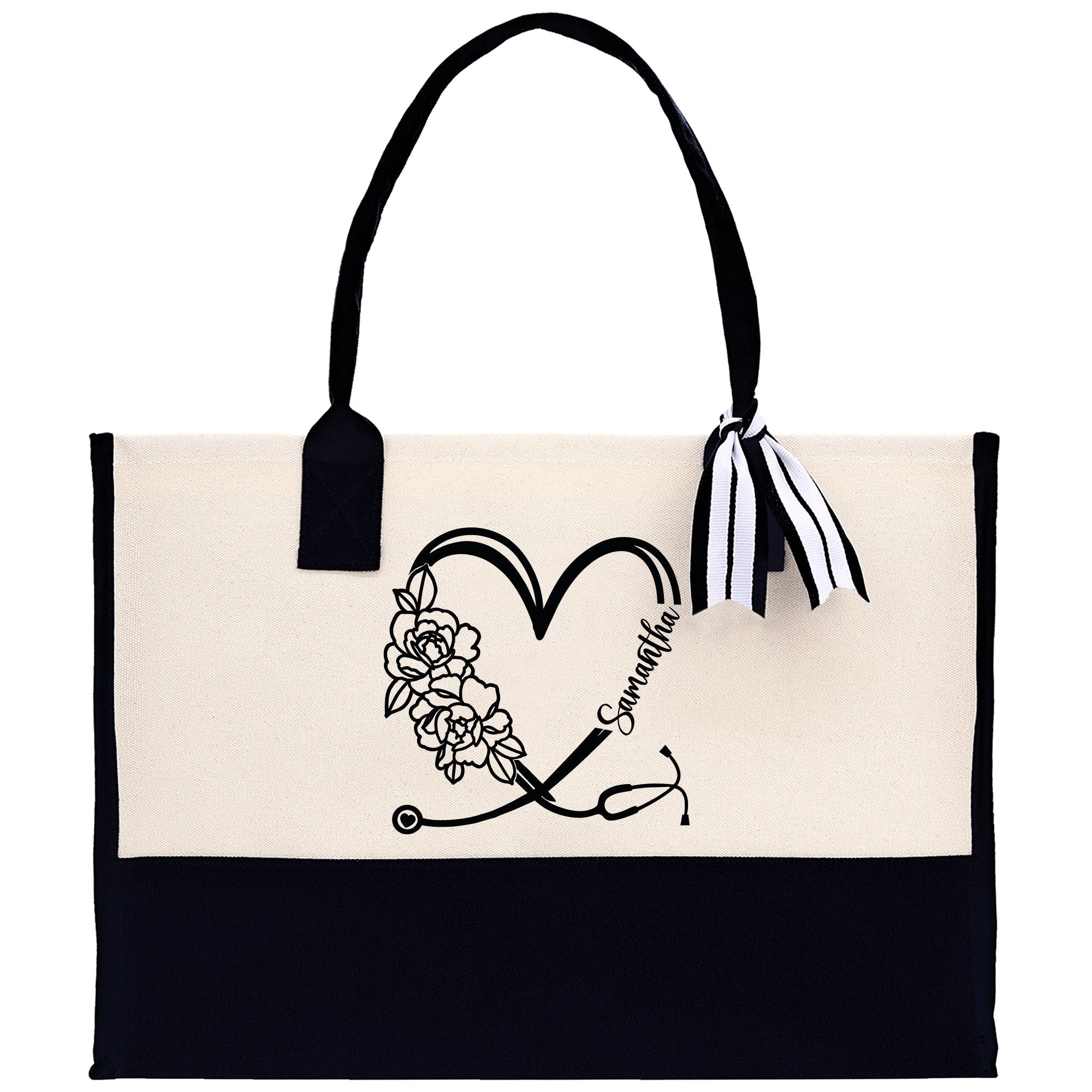 Nurse Stethoscope Floral Heart Tote Custom Name Personalized Cotton Canvas Tote Bag Nurse Gift Future Nursing Student Graduation Gift