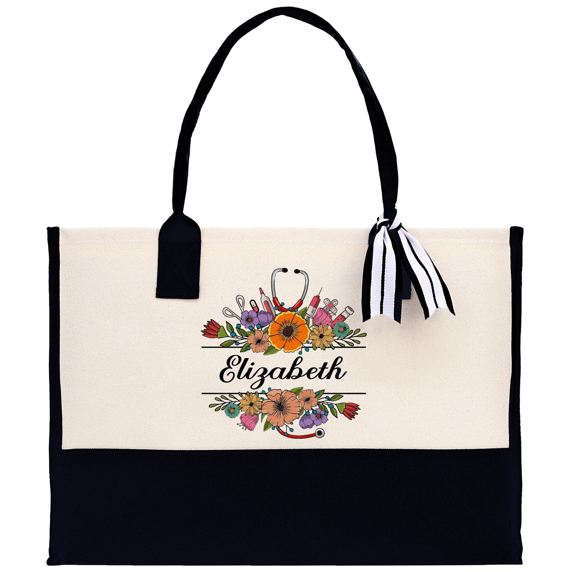 Floral Nurse Tote Custom Name Personalized Cotton Canvas Tote Bag Nurse Gift Future Nurse Gift Nursing Student Graduation Gift