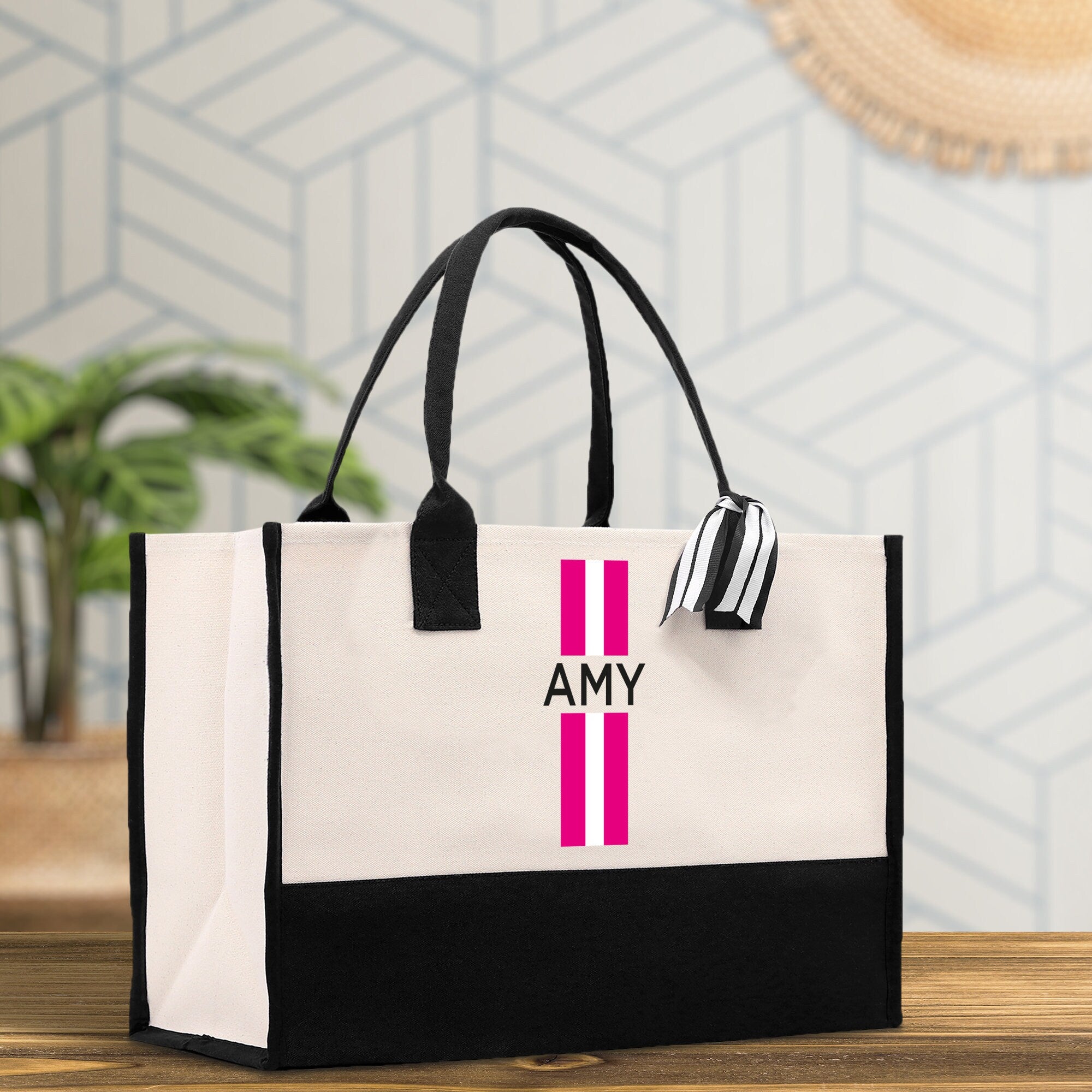 Personalized Monogrammed Canvas Tote Bag Striped Initials Custom Name Beach Bag Bridal Party Gifts Bride Gift Holiday Gift Bag