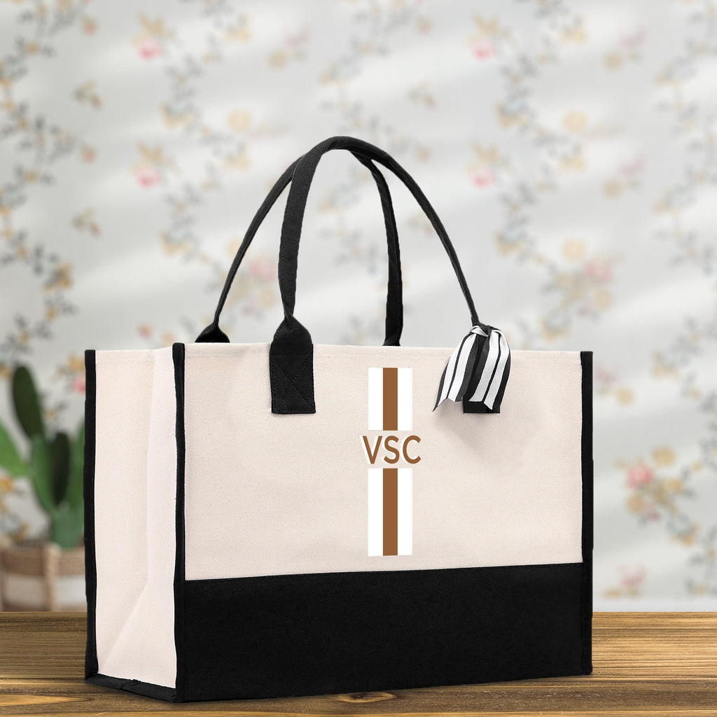 Personalized Monogrammed Canvas Tote Bag Striped Initials Custom Name Beach Bag Bridal Party Gifts Bride Gift Holiday Gift Bag
