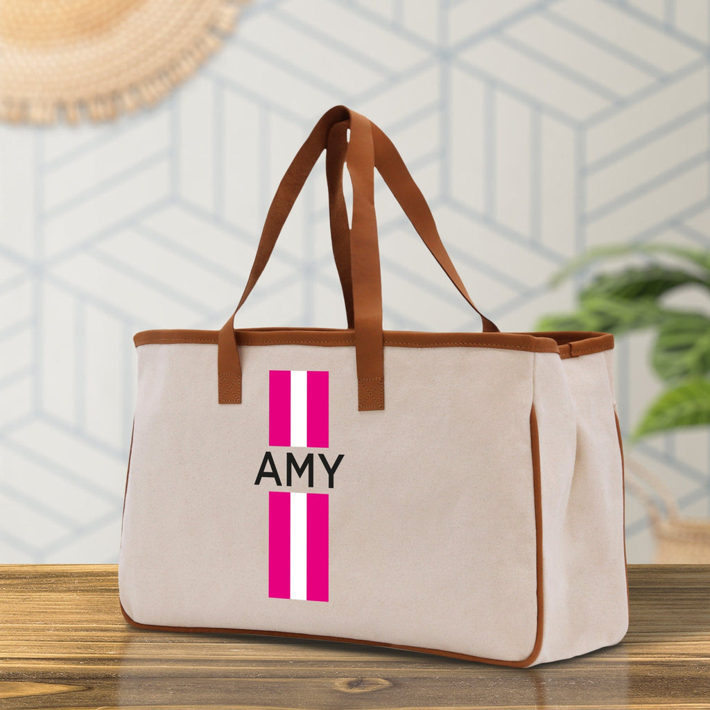 Personalized Monogrammed Canvas Tote Bag Striped Initials Custom Name Beach Bag Bridal Party Gifts Bride Gift Holiday Gift Bag