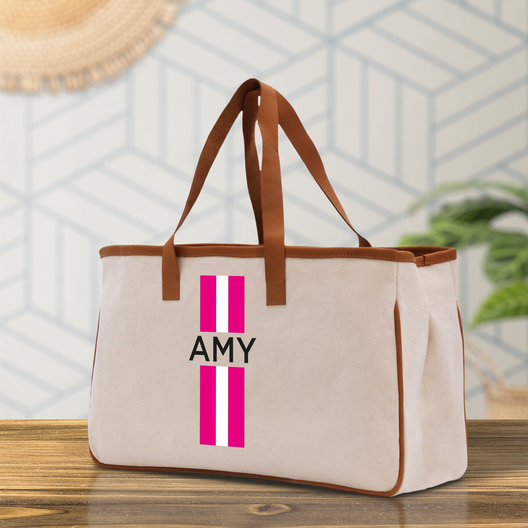 Personalized Monogrammed Canvas Tote Bag Striped Initials Custom Name Beach Bag Bridal Party Gifts Bride Gift Holiday Gift Bag