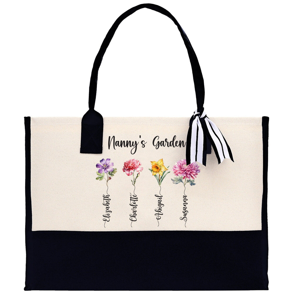 Personalized Kids and Grandkids Name Cotton Canvas Tote Bag Custom Flower Tote Bag Gift for Mom Gift for Grandma Birth Month Grandkids Name