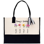 Personalized Kids and Grandkids Name Cotton Canvas Tote Bag Custom Flower Tote Bag Gift for Mom Gift for Grandma Birth Month Grandkids Name