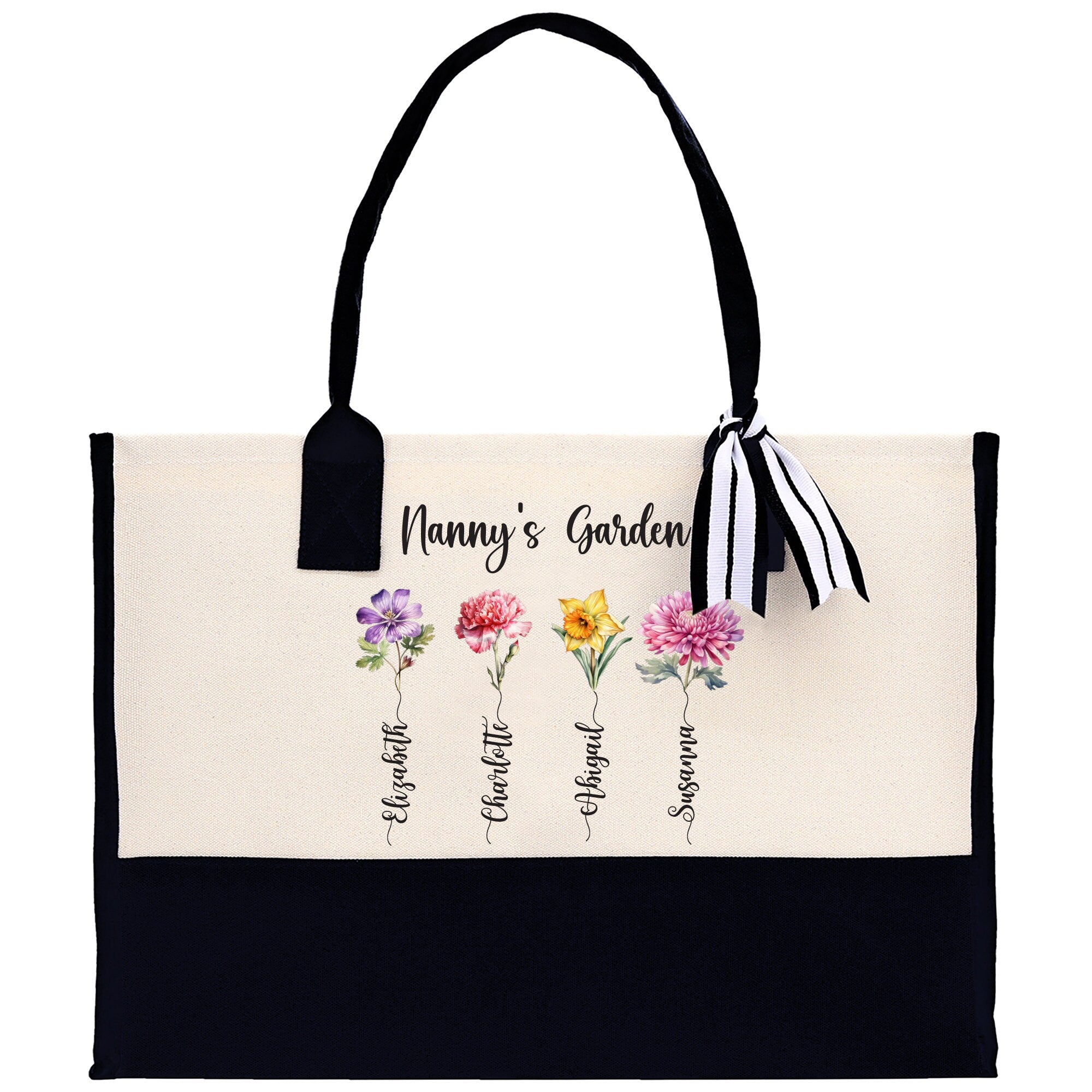 Personalized Kids and Grandkids Name Cotton Canvas Tote Bag Custom Flower Tote Bag Gift for Mom Gift for Grandma Birth Month Grandkids Name