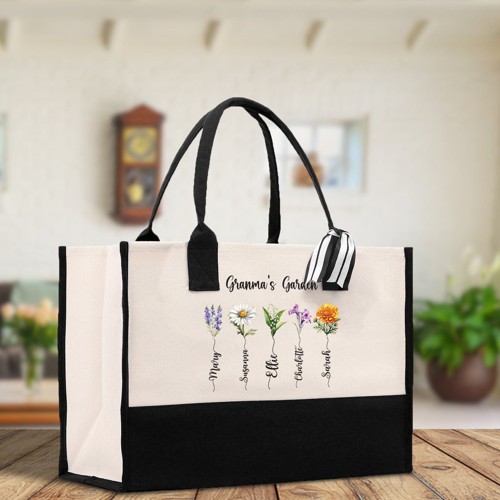 Personalized Kids and Grandkids Name Cotton Canvas Tote Bag Custom Flower Tote Bag Gift for Mom Gift for Grandma Birth Month Grandkids Name