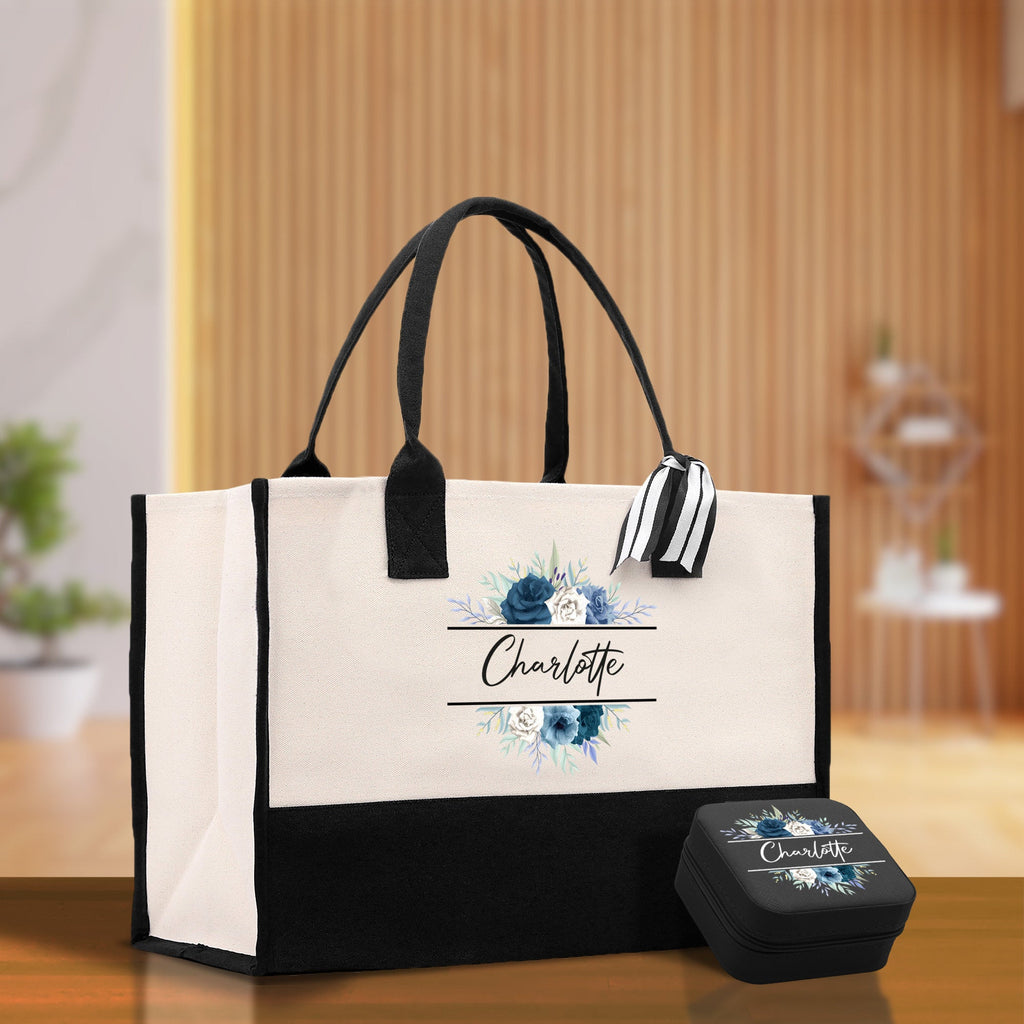 Floral Frame Custom Name Cotton Canvas Tote Bag Personalized Bridesmaid Gift Bag Wedding Birthday Gift Custom Name Tote Maid of Honor Gift