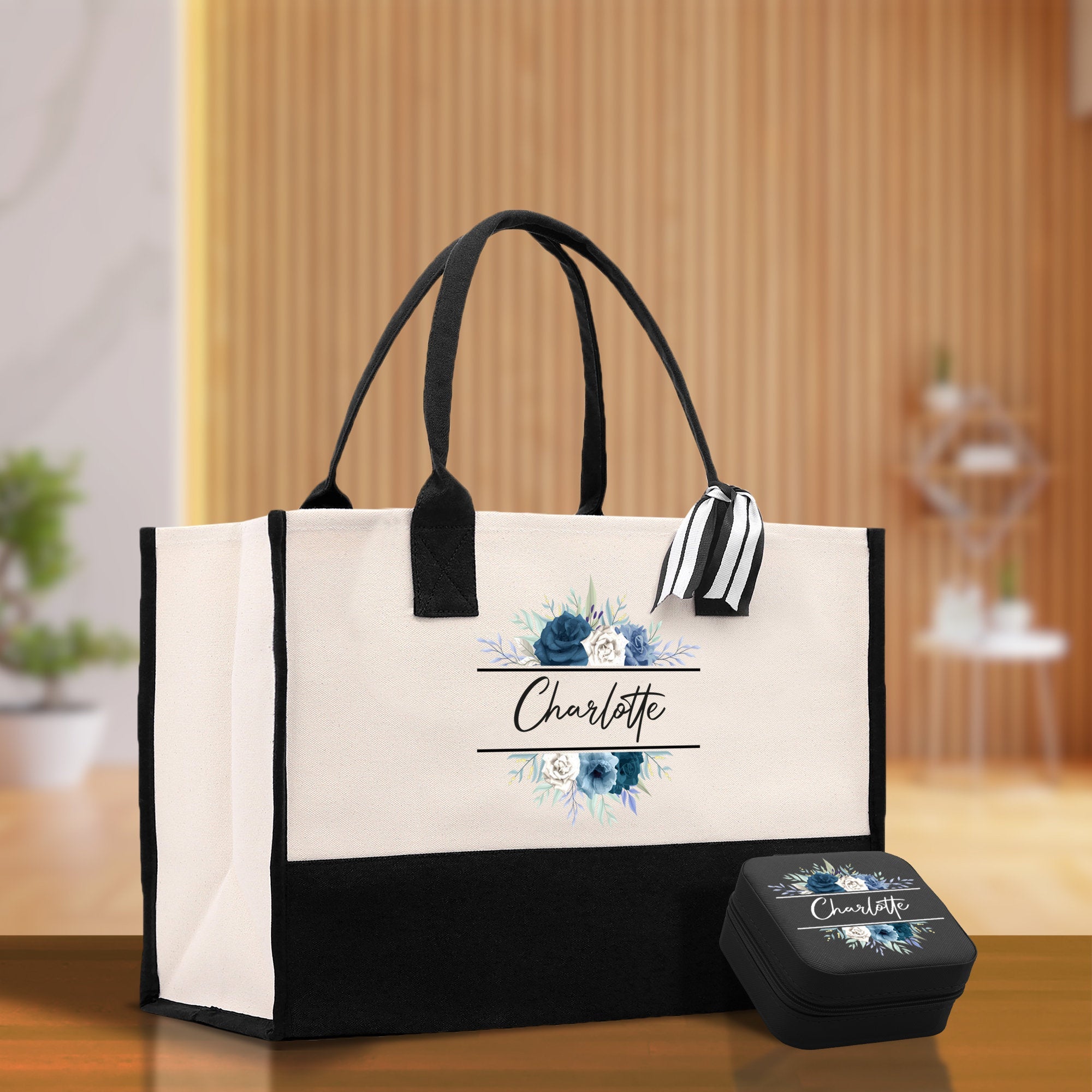 Floral Frame Custom Name Cotton Canvas Tote Bag Personalized Bridesmaid Gift Bag Wedding Birthday Gift Custom Name Tote Maid of Honor Gift
