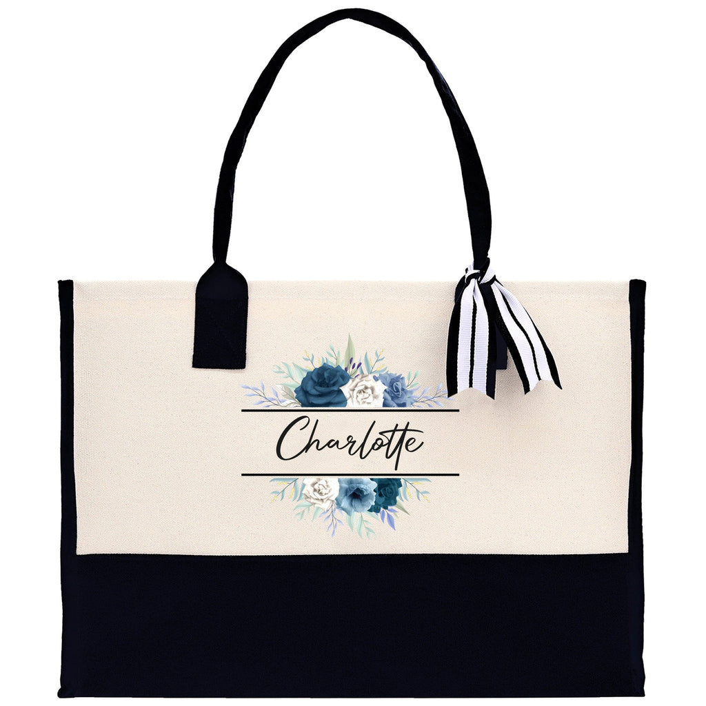 Floral Frame Custom Name Cotton Canvas Tote Bag Personalized Bridesmaid Gift Bag Wedding Birthday Gift Custom Name Tote Maid of Honor Gift