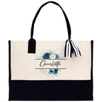 Floral Frame Custom Name Cotton Canvas Tote Bag Personalized Bridesmaid Gift Bag Wedding Birthday Gift Custom Name Tote Maid of Honor Gift