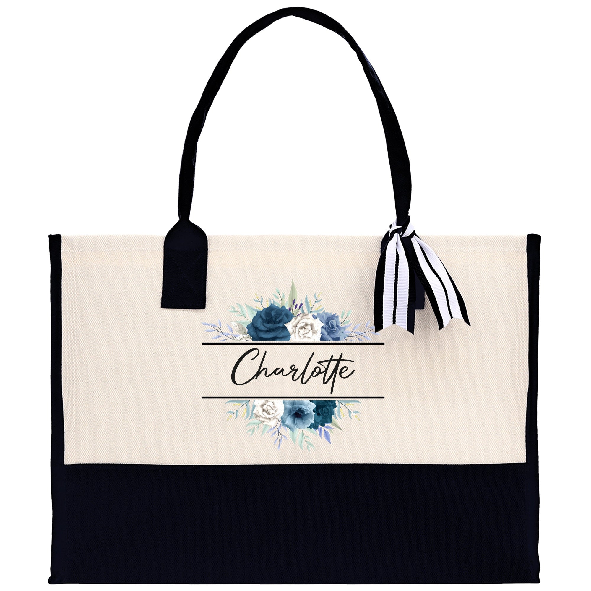 Floral Frame Custom Name Cotton Canvas Tote Bag Personalized Bridesmaid Gift Bag Wedding Birthday Gift Custom Name Tote Maid of Honor Gift