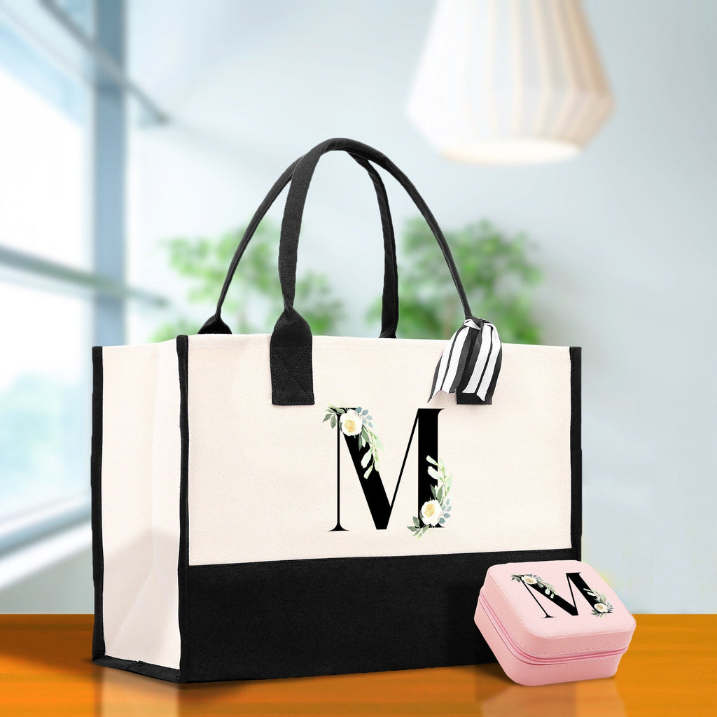 Floral Monogram Cotton Canvas Tote Bag Personalized Bridesmaid Gift Bag Wedding Birthday Gift Custom Name Tote Maid of Honor Wedding Gift