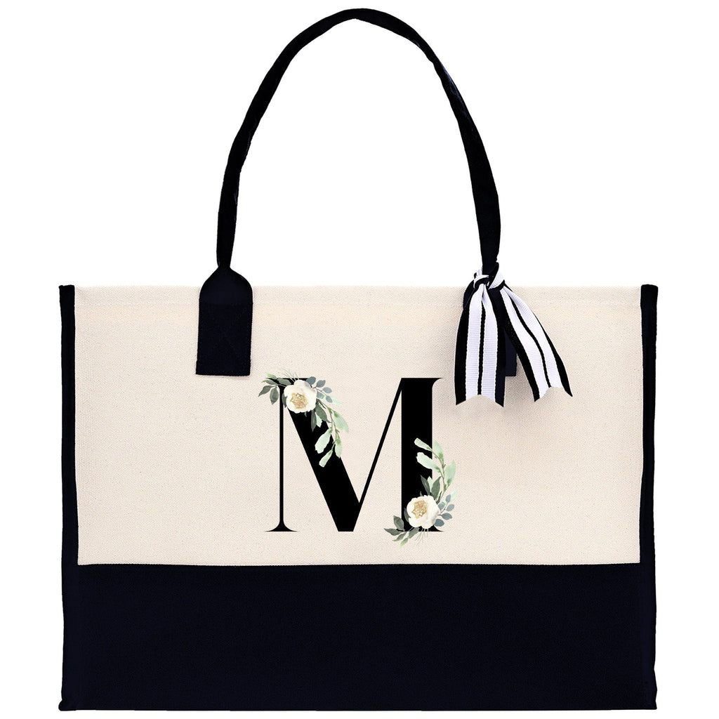 Floral Monogram Cotton Canvas Tote Bag Personalized Bridesmaid Gift Bag Wedding Birthday Gift Custom Name Tote Maid of Honor Wedding Gift