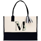 Floral Monogram Cotton Canvas Tote Bag Personalized Bridesmaid Gift Bag Wedding Birthday Gift Custom Name Tote Maid of Honor Wedding Gift