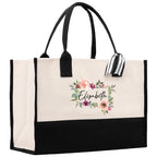 Floral Frame Custom Name Cotton Canvas Tote Bag Personalized Bridesmaid Gift Bag Wedding Birthday Gift Custom Name Tote Maid of Honor Gift