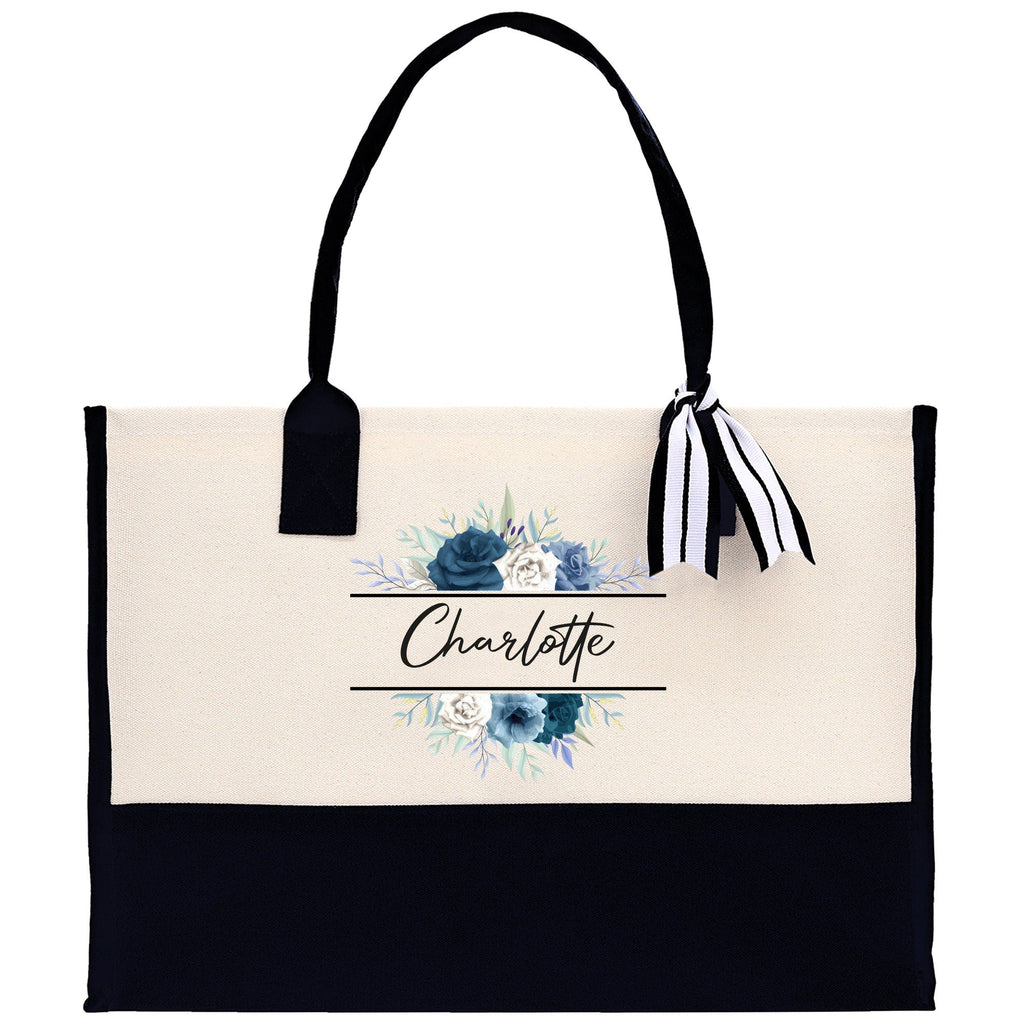 Floral Frame Custom Name Cotton Canvas Tote Bag Personalized Bridesmaid Gift Bag Wedding Birthday Gift Custom Name Tote Maid of Honor Gift