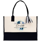 Floral Frame Custom Name Cotton Canvas Tote Bag Personalized Bridesmaid Gift Bag Wedding Birthday Gift Custom Name Tote Maid of Honor Gift