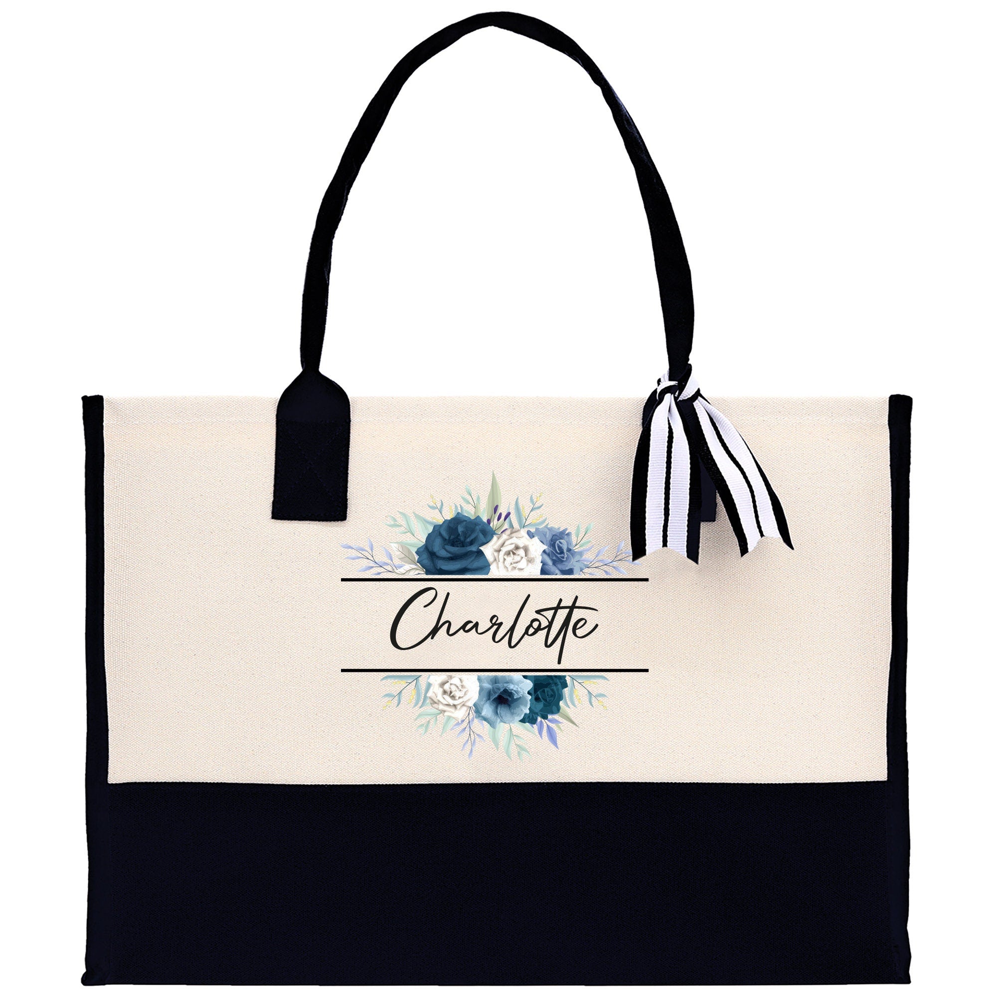 Floral Frame Custom Name Cotton Canvas Tote Bag Personalized Bridesmaid Gift Bag Wedding Birthday Gift Custom Name Tote Maid of Honor Gift