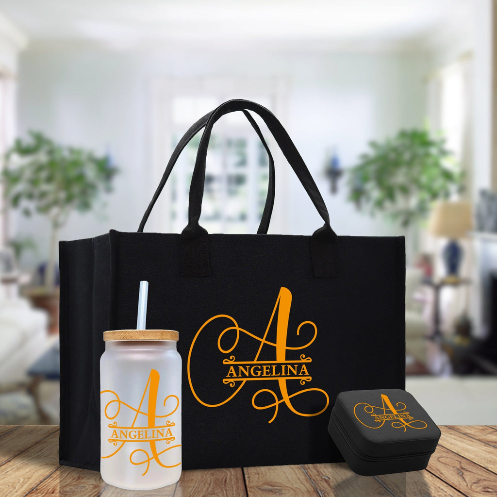 Split Initial and Name Custom Cotton Canvas Tote Bag Personalized Initial Tote Birthday Gift Wedding Gift Jewelry Box Frosted Can Glass Set