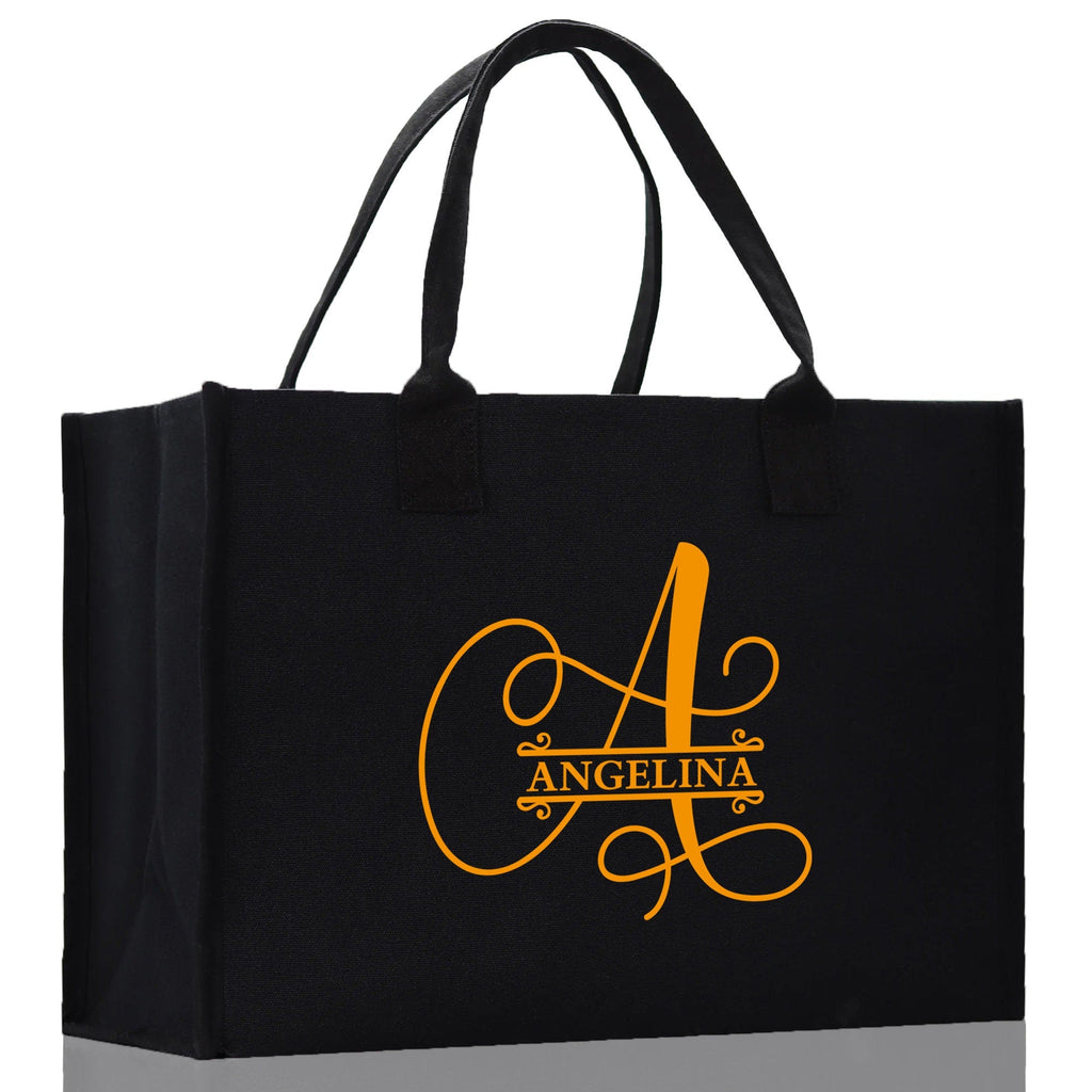 Split Initial and Name Custom Cotton Canvas Tote Bag Personalized Initial Tote Birthday Gift Wedding Gift Jewelry Box Frosted Can Glass Set