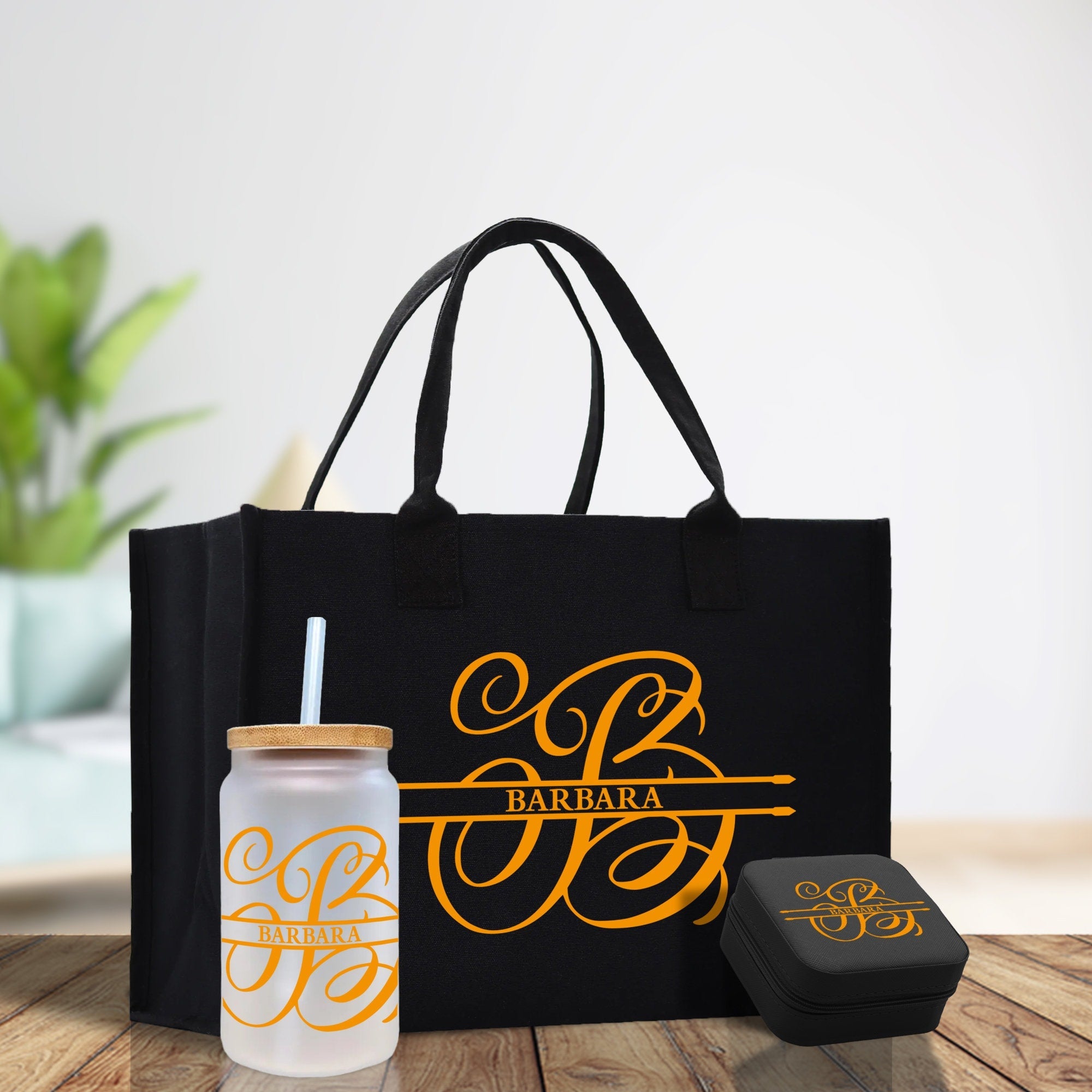 Split Initial and Name Custom Cotton Canvas Tote Bag Personalized Initial Tote Birthday Gift Wedding Gift Jewelry Box Frosted Can Glass Set