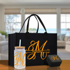Split Initial and Name Custom Cotton Canvas Tote Bag Personalized Initial Tote Birthday Gift Wedding Gift Jewelry Box Frosted Can Glass Set
