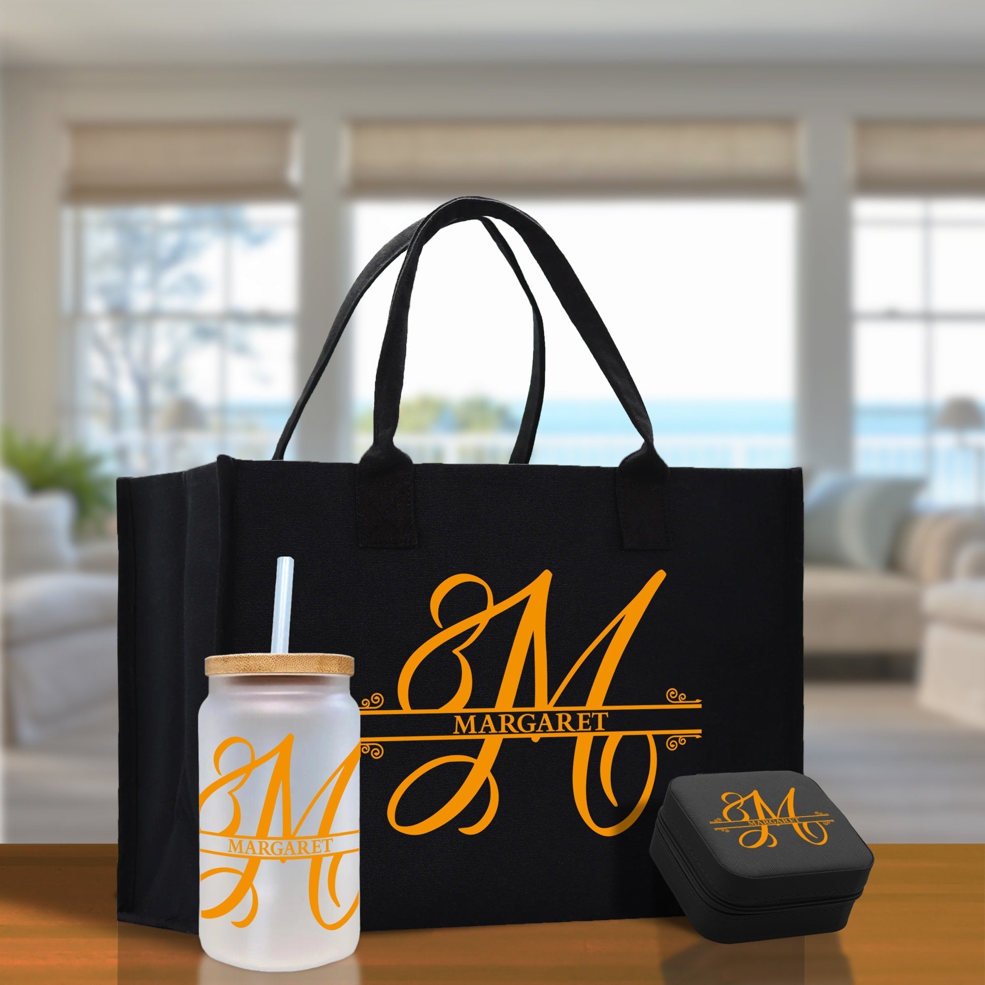 Split Initial and Name Custom Cotton Canvas Tote Bag Personalized Initial Tote Birthday Gift Wedding Gift Jewelry Box Frosted Can Glass Set