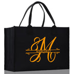 Split Initial and Name Custom Cotton Canvas Tote Bag Personalized Initial Tote Birthday Gift Wedding Gift Jewelry Box Frosted Can Glass Set