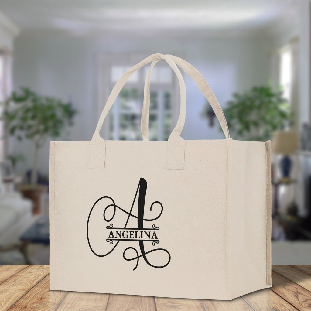 Split Initial and Name Custom Cotton Canvas Tote Bag Personalized Initial Tote Birthday Gift Wedding Gift Jewelry Box Frosted Can Glass Set