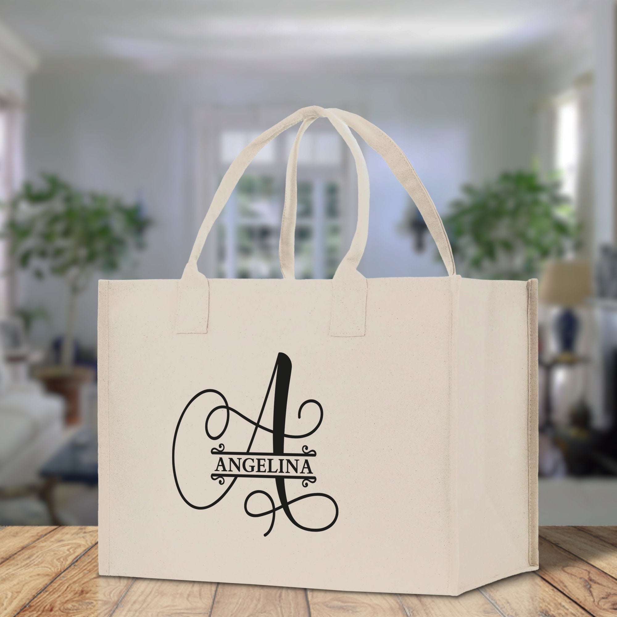 Split Initial and Name Custom Cotton Canvas Tote Bag Personalized Initial Tote Birthday Gift Wedding Gift Jewelry Box Frosted Can Glass Set