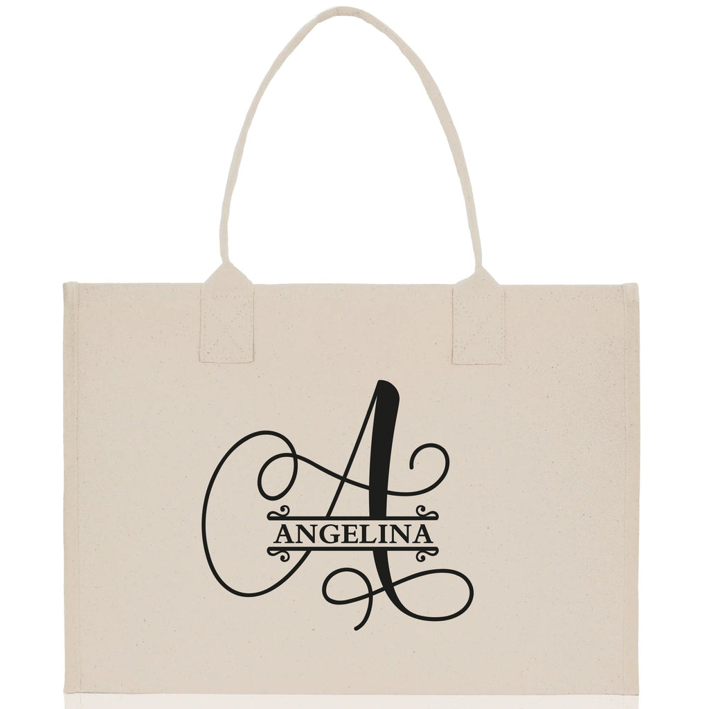 Split Initial and Name Custom Cotton Canvas Tote Bag Personalized Initial Tote Birthday Gift Wedding Gift Jewelry Box Frosted Can Glass Set